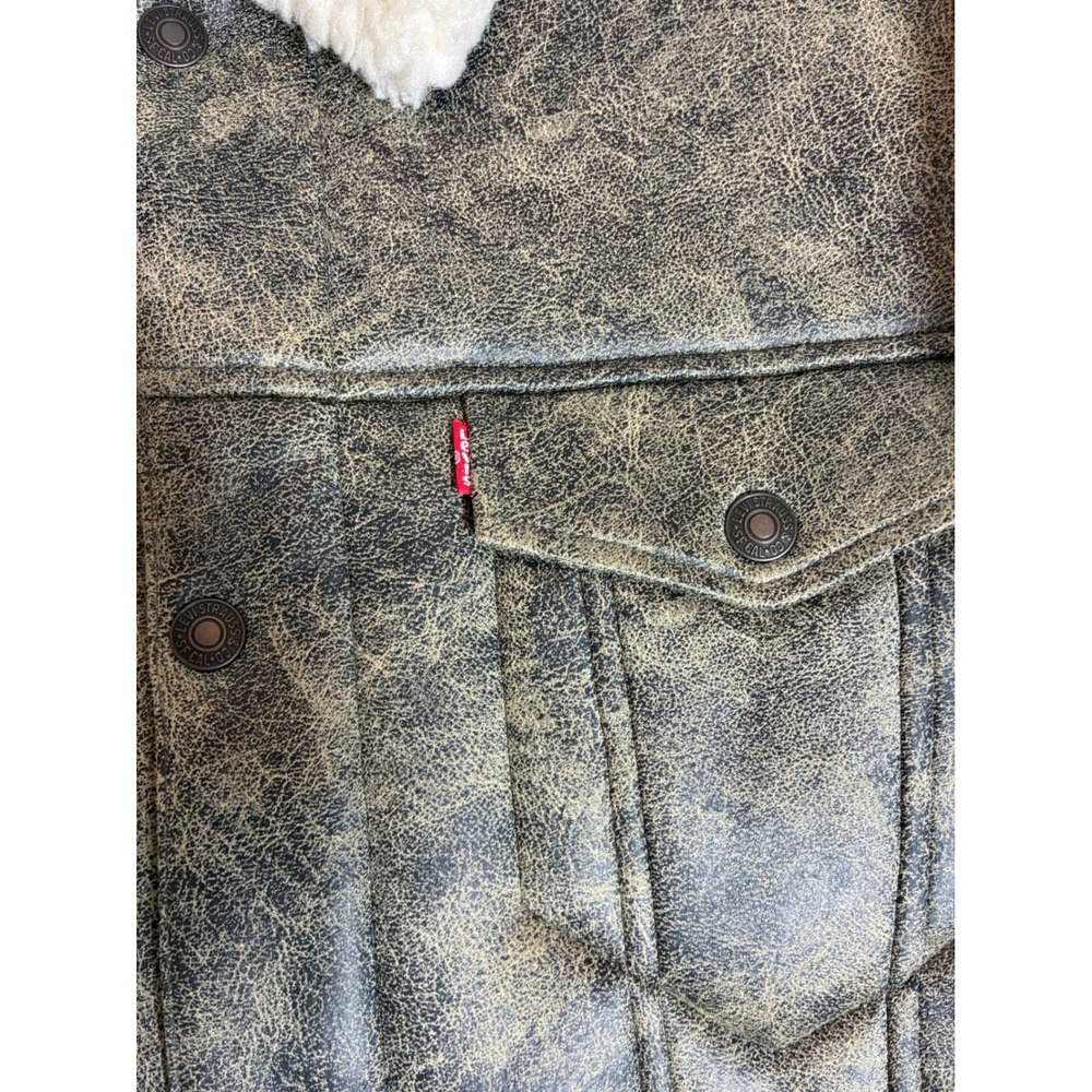 Levis Mens XXL Sherpa Lined Faux Leather Trucker Jacket Distressed Brown Tan - Picture 2 of 10